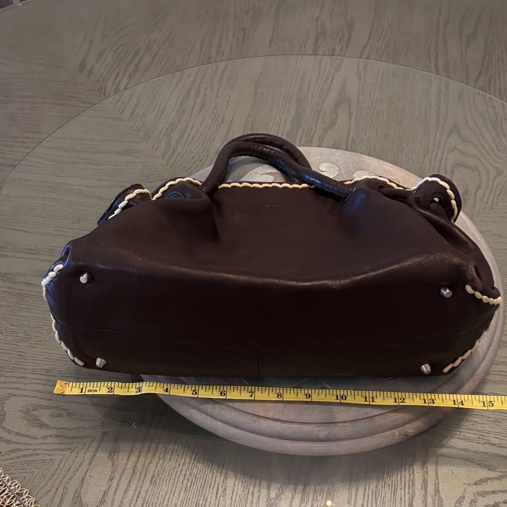 Furla/Certificate of Authenticity- Dark Brown Leather Satchel Cream Braided Trim - Picture 9 of 12